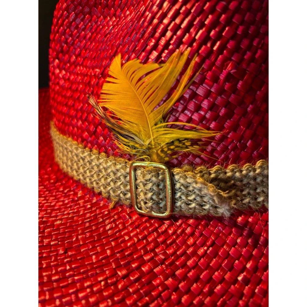 Red Straw Cowboy Hat with Woven Band and Feather Accent Western Style Fedora